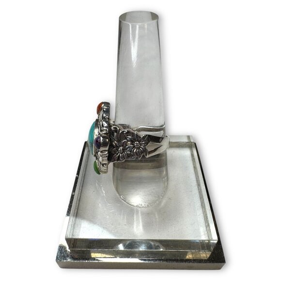 Sterling Silver Multi-Stone Ring Turquoise Lapis Purple Spiny Oyster - Picture 9 of 14